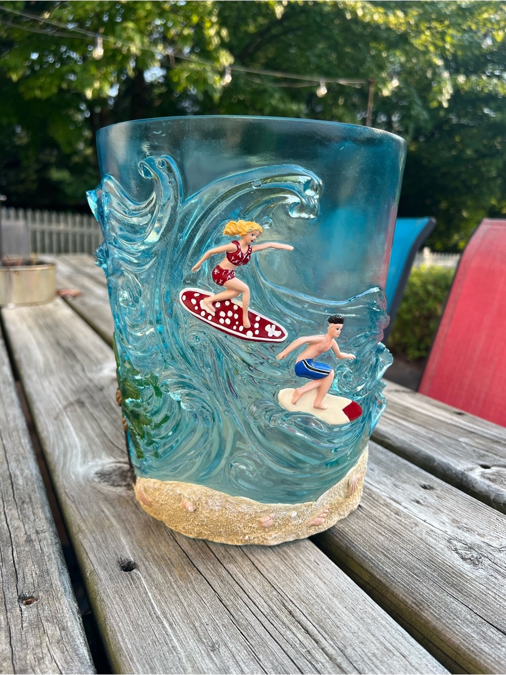 Vintage (Dean Miller?) Heavy Acrylic Surfer Waves Trash Can